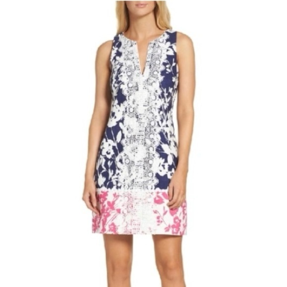 Eliza J | Lace Appliqué Floral Sleeveless Cotton Shift in Blue and Pink Size 8 - Picture 1 of 13